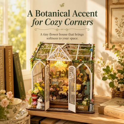 A decorative miniature flower house greenhouse displayed on a wooden shelf in a cozy room setting, surrounded by books, flowers, and a teacup. Text at the top reads 'A Botanical Accent for Cozy Corners'.