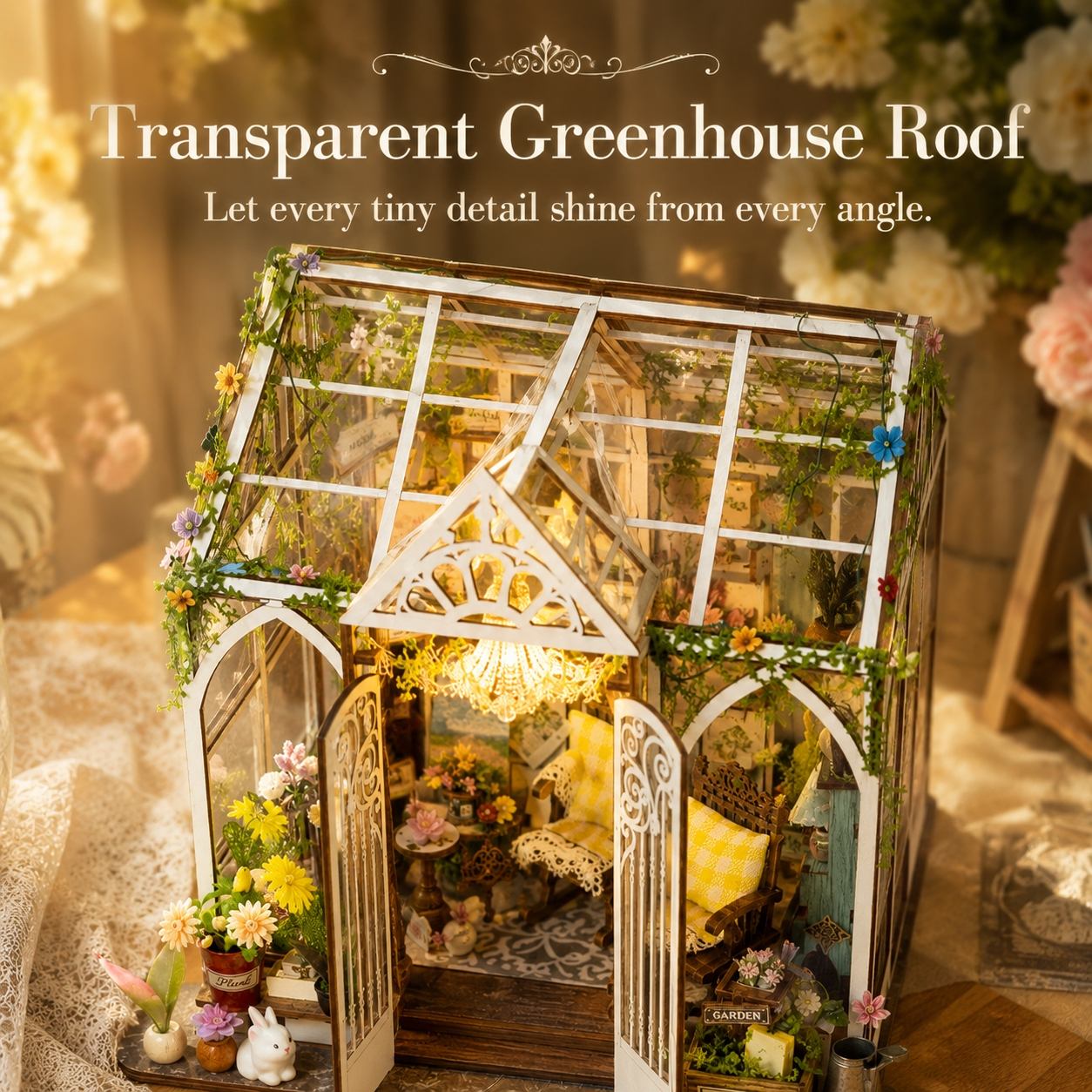 A miniature greenhouse dollhouse with a transparent roof, decorated with tiny plants, flowers, and a warm glowing interior. The text at the top reads 'Transparent Greenhouse Roof' with decorative script.