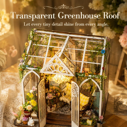 A miniature greenhouse dollhouse with a transparent roof, decorated with tiny plants, flowers, and a warm glowing interior. The text at the top reads 'Transparent Greenhouse Roof' with decorative script.