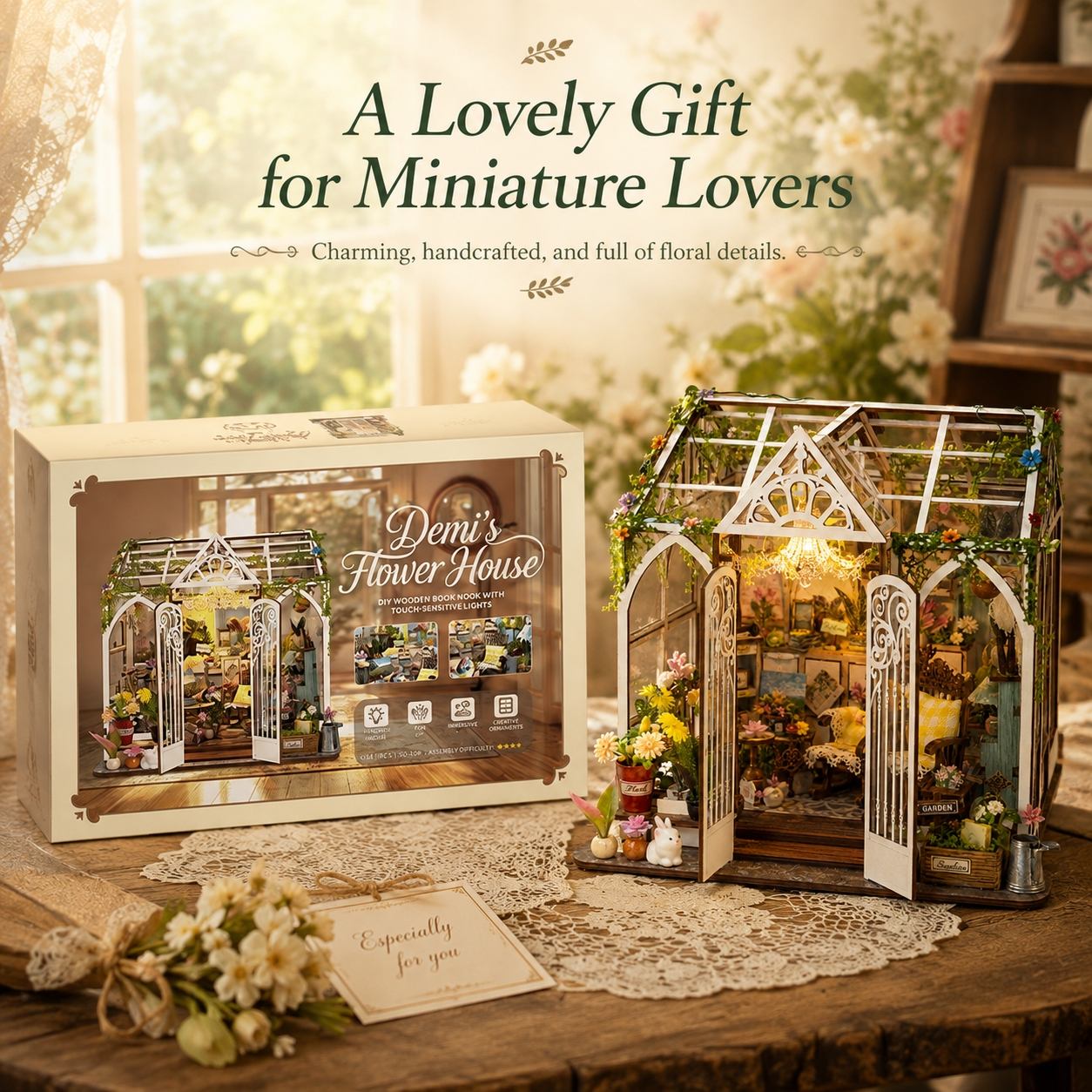 A miniature floral greenhouse gift set displayed on a wooden table, with the assembled decorative greenhouse on the right and its retail box on the left. The scene includes soft floral background elements, lace cloth, and overlaid promotional text reading 'A Lovely Gift for Miniature Lovers' and 'Demi's Flower House.