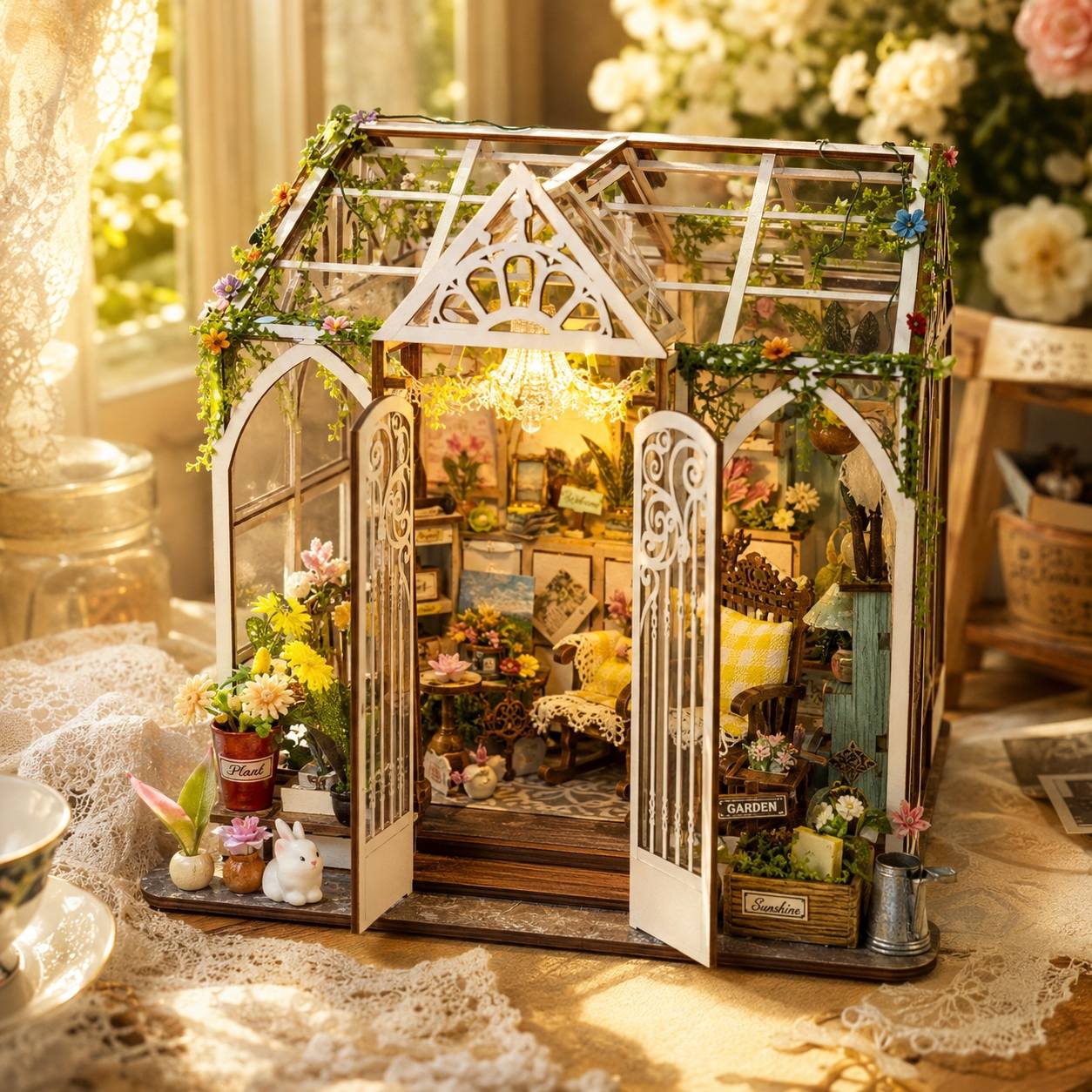 A miniature greenhouse dollhouse with white-trimmed glass walls, open doors, and a cozy interior filled with tiny furniture, flowers, and decorative plants. The scene is styled on a lace-covered table with warm sunlight and blurred floral decor in the background.
