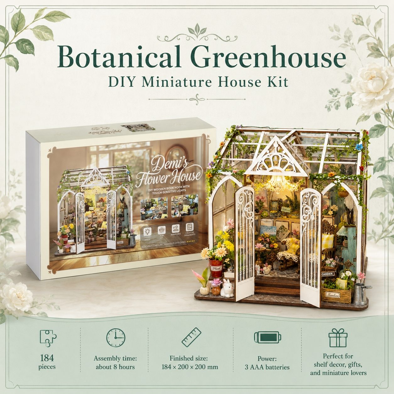 Botanical Greenhouse DIY Miniature House Kit shown with its retail box and the assembled miniature greenhouse. The kit includes 184 pieces and is designed for shelf decor, gifts, and miniature lovers.