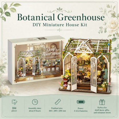 Botanical Greenhouse DIY Miniature House Kit shown with its retail box and the assembled miniature greenhouse. The kit includes 184 pieces and is designed for shelf decor, gifts, and miniature lovers.