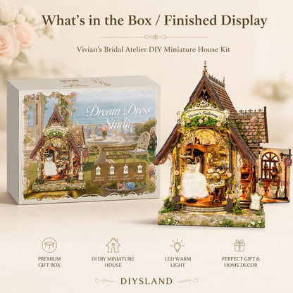 Vivian's Bridal Atelier DIY Miniature House Kit by DIISLAND, showing the assembled miniature house with a bride figurine inside next to its illustrated gift box on a soft cream background.