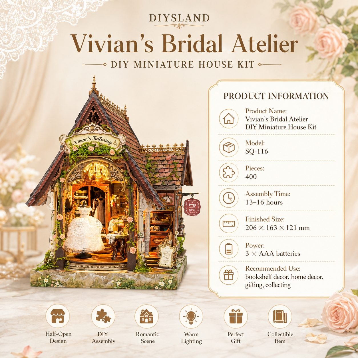 Promotional graphic for the Vivian's Bridal Atelier DIY Miniature House Kit. The image features a beautifully detailed miniature house kit with a bride in a white gown on a decorated porch, alongside product specifications and feature icons on a soft beige background.
