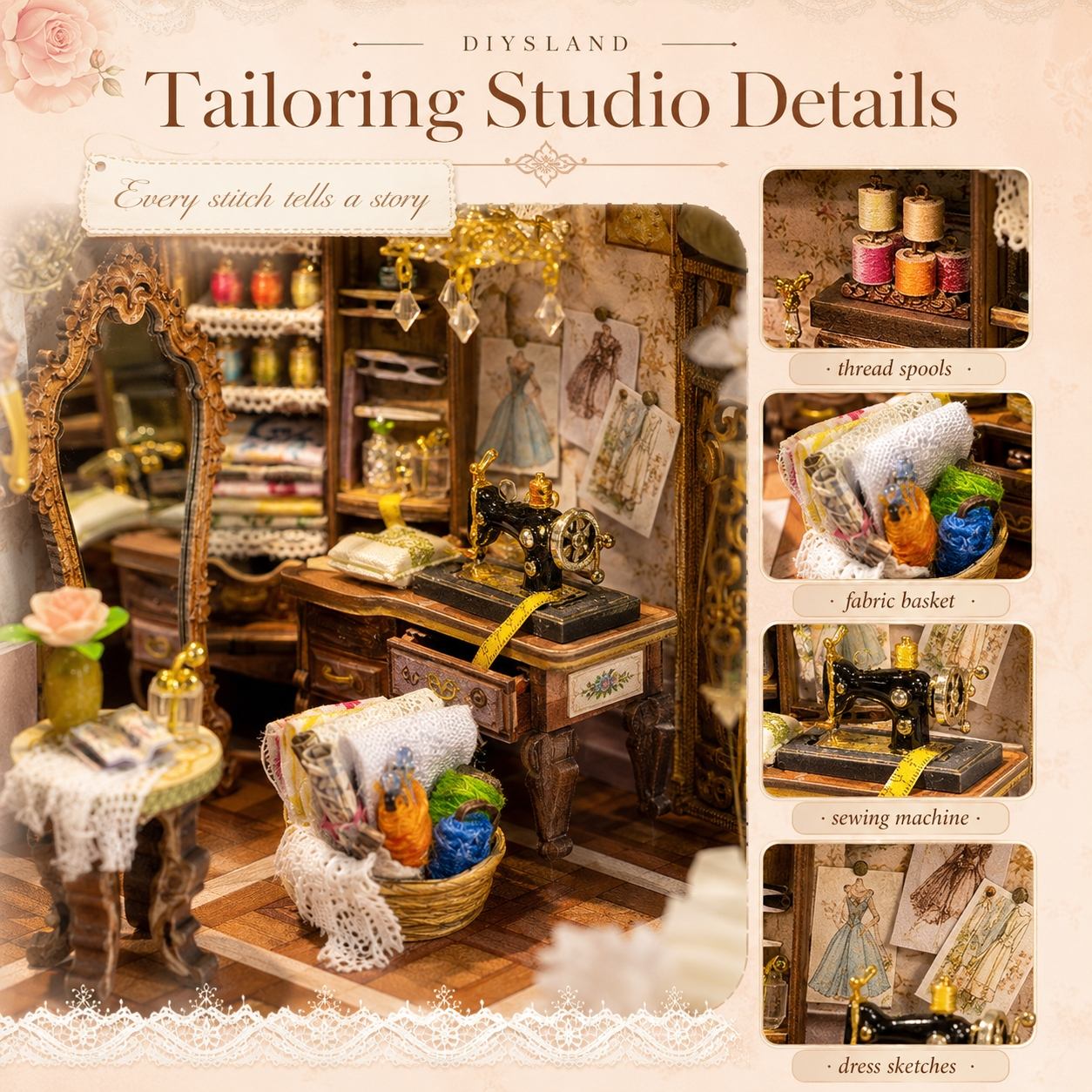 A collage-style product image for a tailoring studio miniature set, showing a detailed vintage sewing room scene with a sewing machine, mirror, baskets, thread spools, fabric basket, and dress sketches. Text at the top reads 'DIYSLAND Tailoring Studio Details' with smaller copy 'Every stitch tells a story.