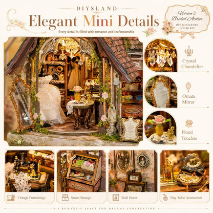 Promotional graphic for Victorian Brisket Maker DIY Miniature House Kit, showing a highly detailed miniature shop with a bride and groom figurine, alongside feature callouts for crystal chandelier, ornate mirror, floral touches, and vintage furnishings.