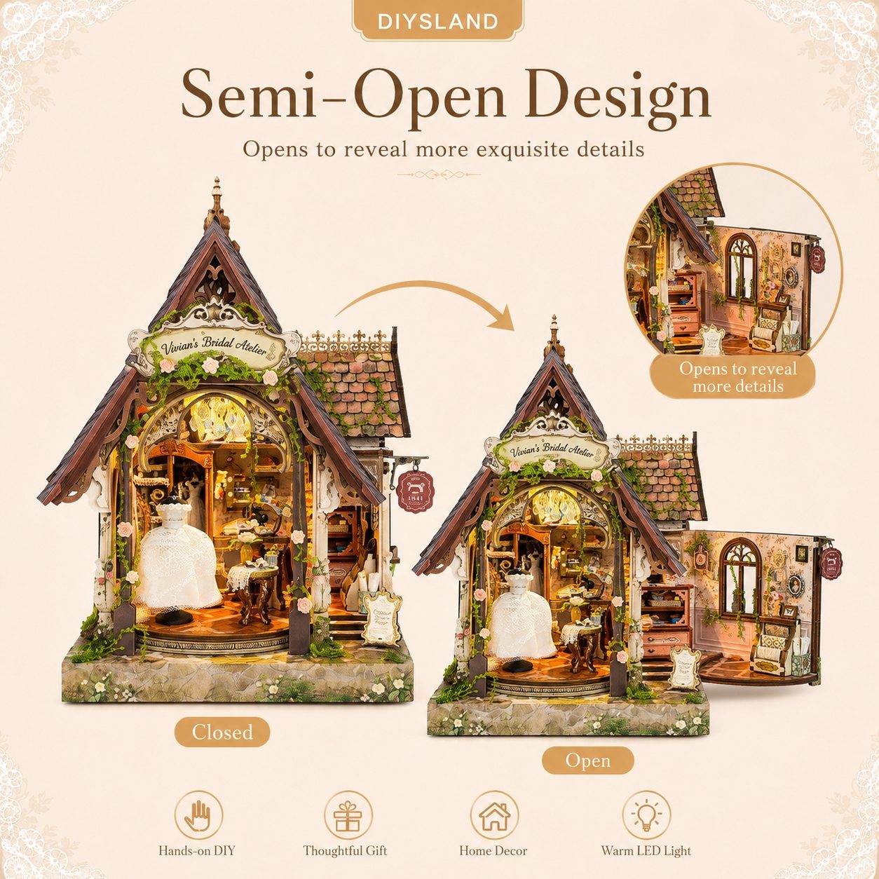 DIYSLAND semi-open design dollhouse shop set shown in two views: closed and open, on a pale beige background with decorative text and icons describing features like hands-on DIY, thoughtful gift, home decor, and warm LED light.