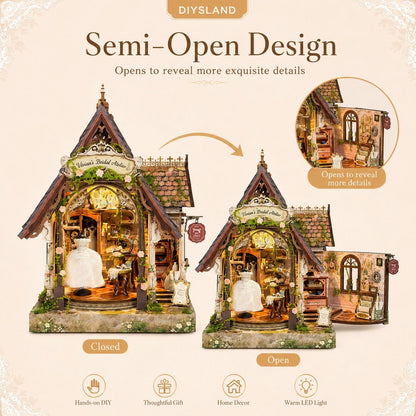 DIYSLAND semi-open design dollhouse shop set shown in two views: closed and open, on a pale beige background with decorative text and icons describing features like hands-on DIY, thoughtful gift, home decor, and warm LED light.