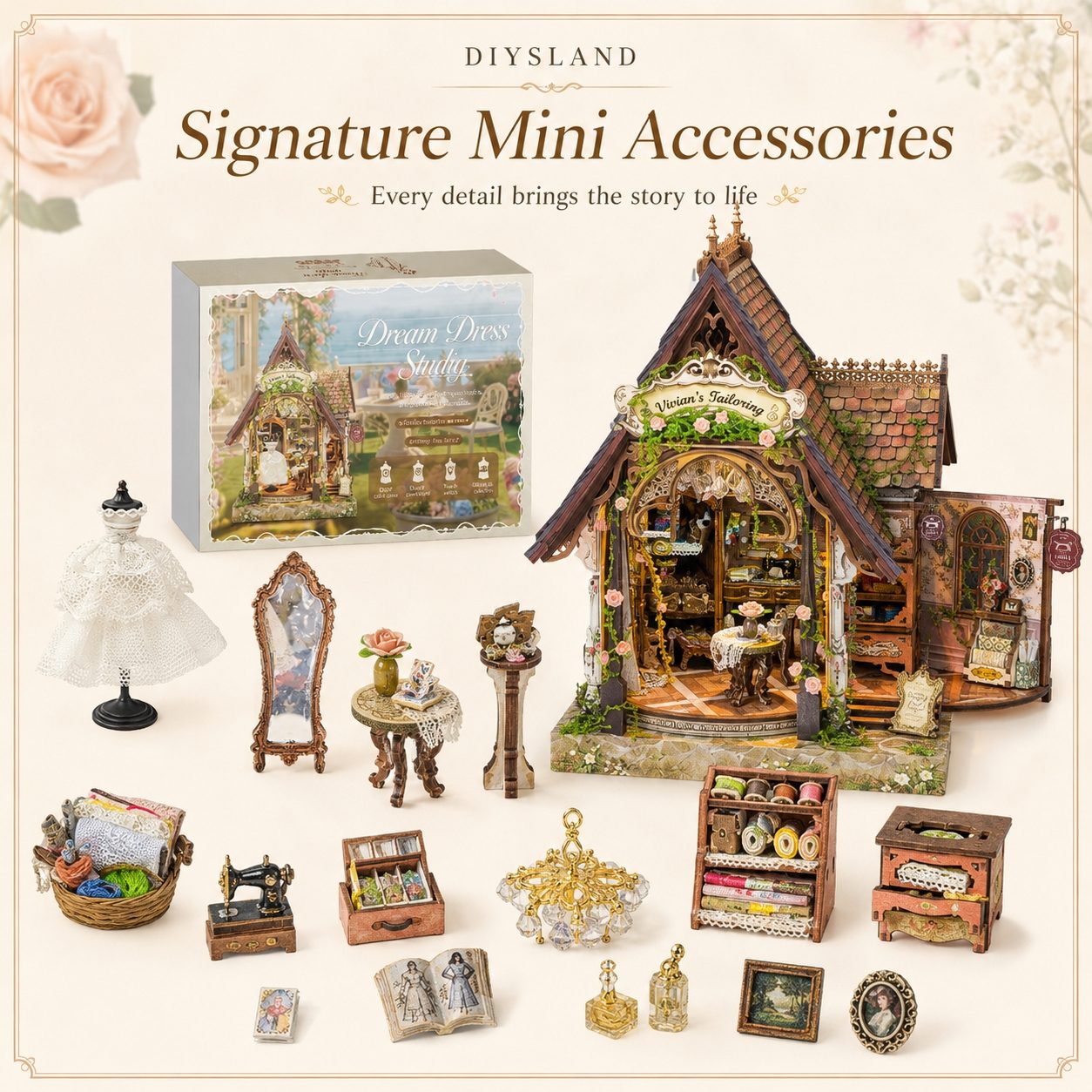 A collection of miniature dollhouse accessories and a decorative house set, featuring a small wooden house, a dress form, an ornate mirror, a sewing machine, and various tiny furniture pieces and accessories, displayed on a cream background with decorative text.