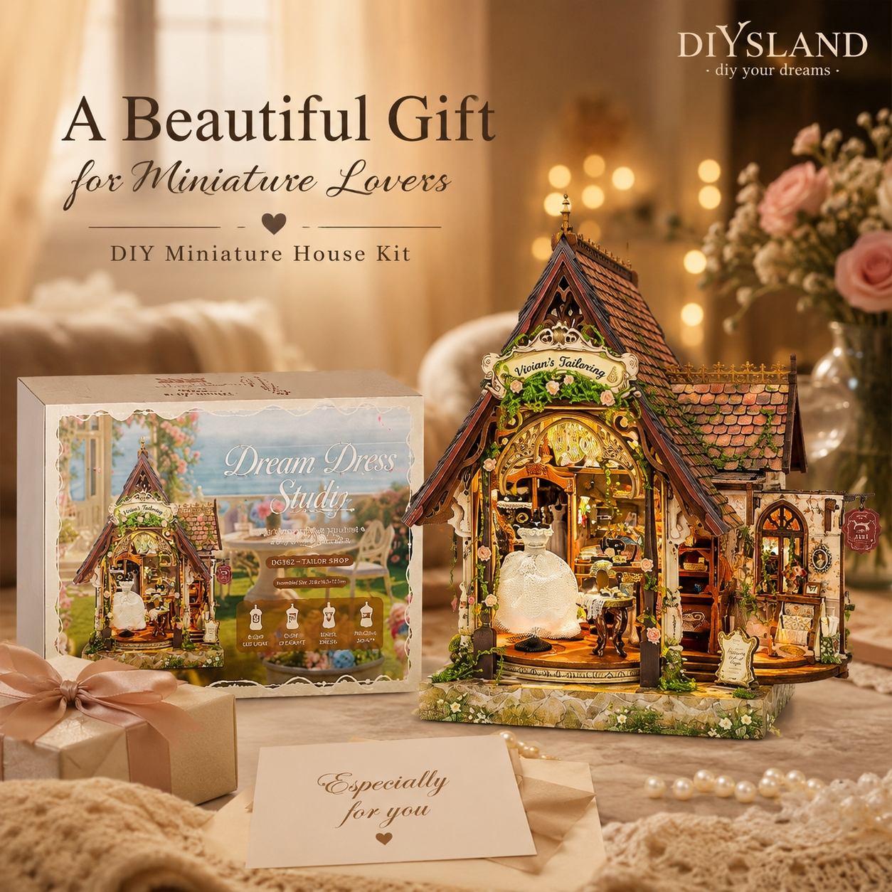 DIY miniature house kit displayed with its retail box and assembled model. The miniature house features a warm glowing shop interior, detailed roof, and decorative garden base.