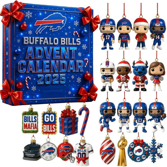 Buffalo Bills Advent Calendar 2025 with ornaments and decorative items on a white background