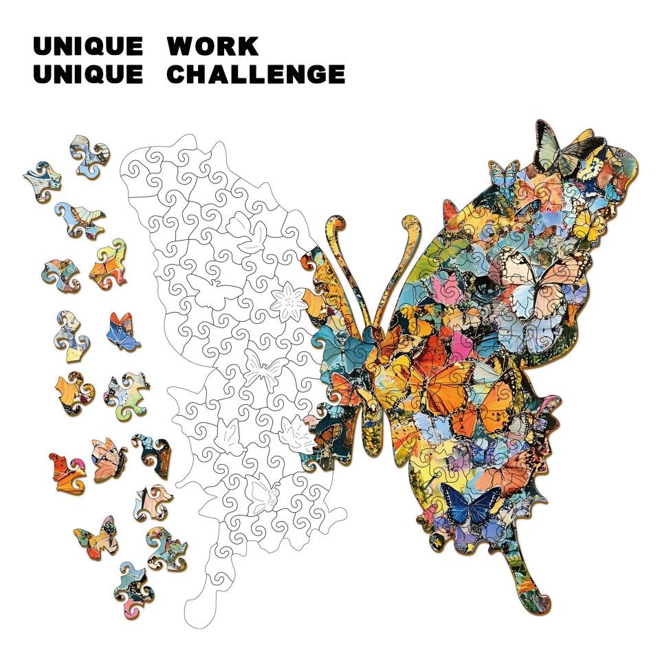 Butterfly-shaped jigsaw puzzle with pieces and outline on a white background