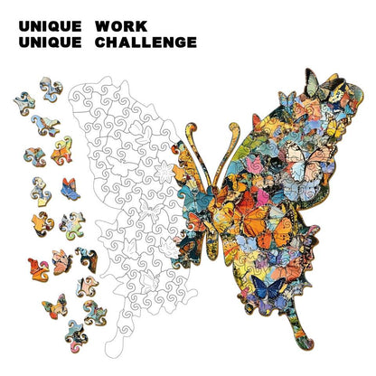 Butterfly-shaped jigsaw puzzle with pieces and outline on a white background