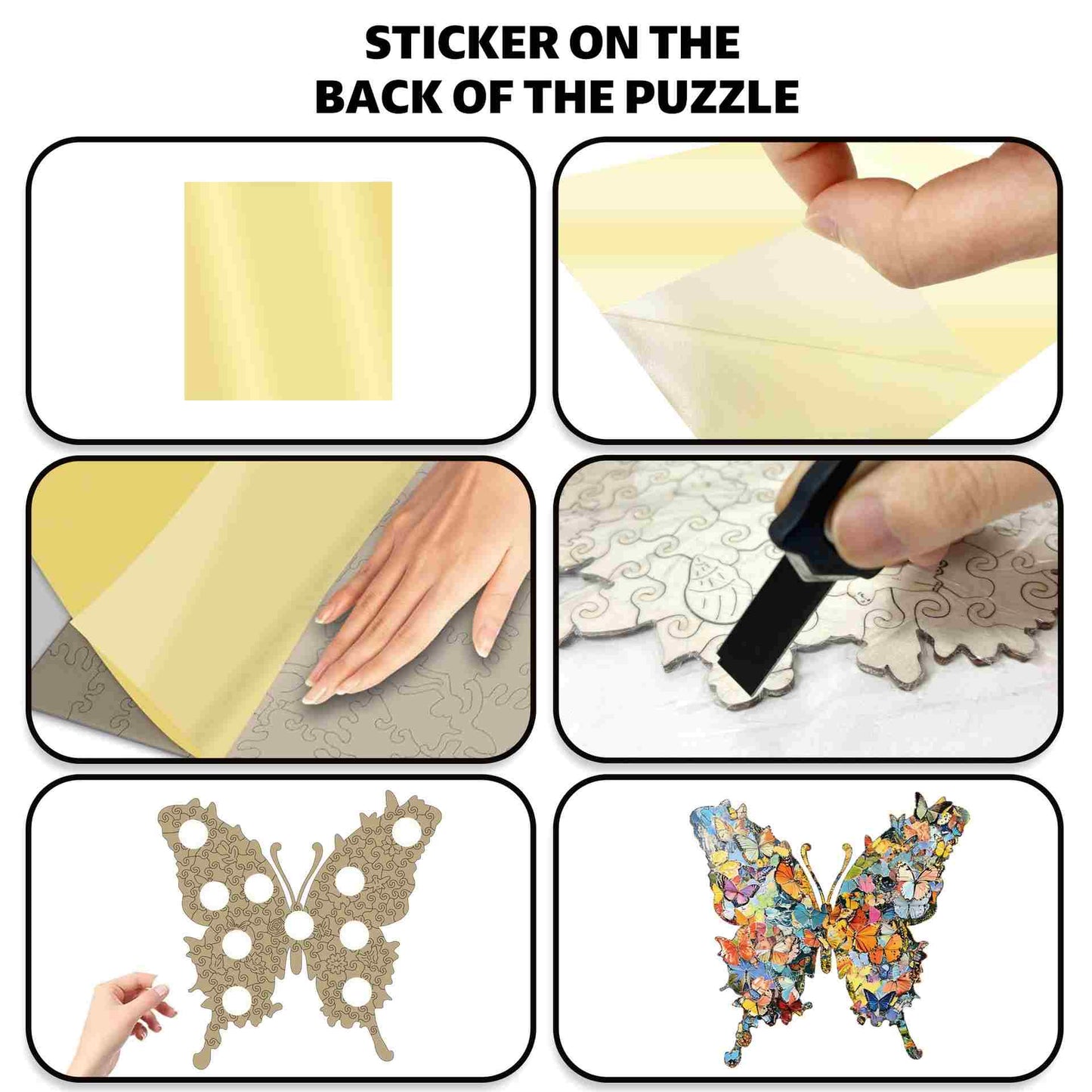 Step-by-step guide on applying a sticker onto a butterfly-shaped wooden jigsaw puzzle piece.