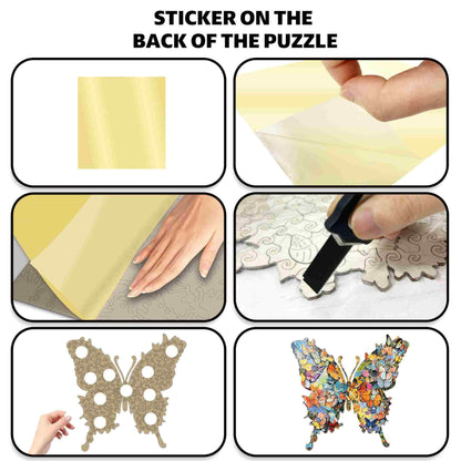 Step-by-step guide on applying a sticker onto a butterfly-shaped wooden jigsaw puzzle piece.