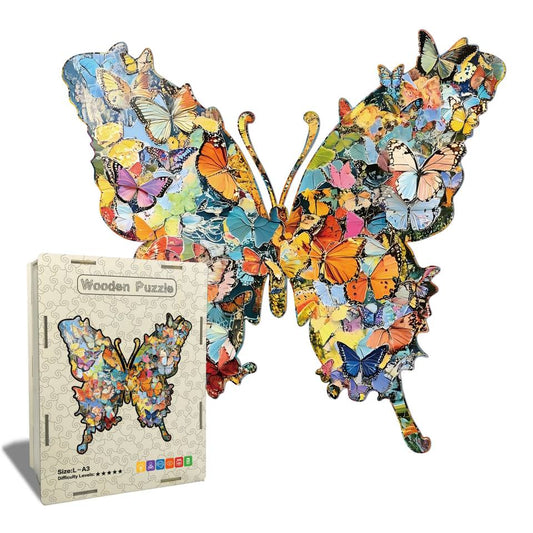 Colorful butterfly-shaped wooden puzzle with packaging on a white background