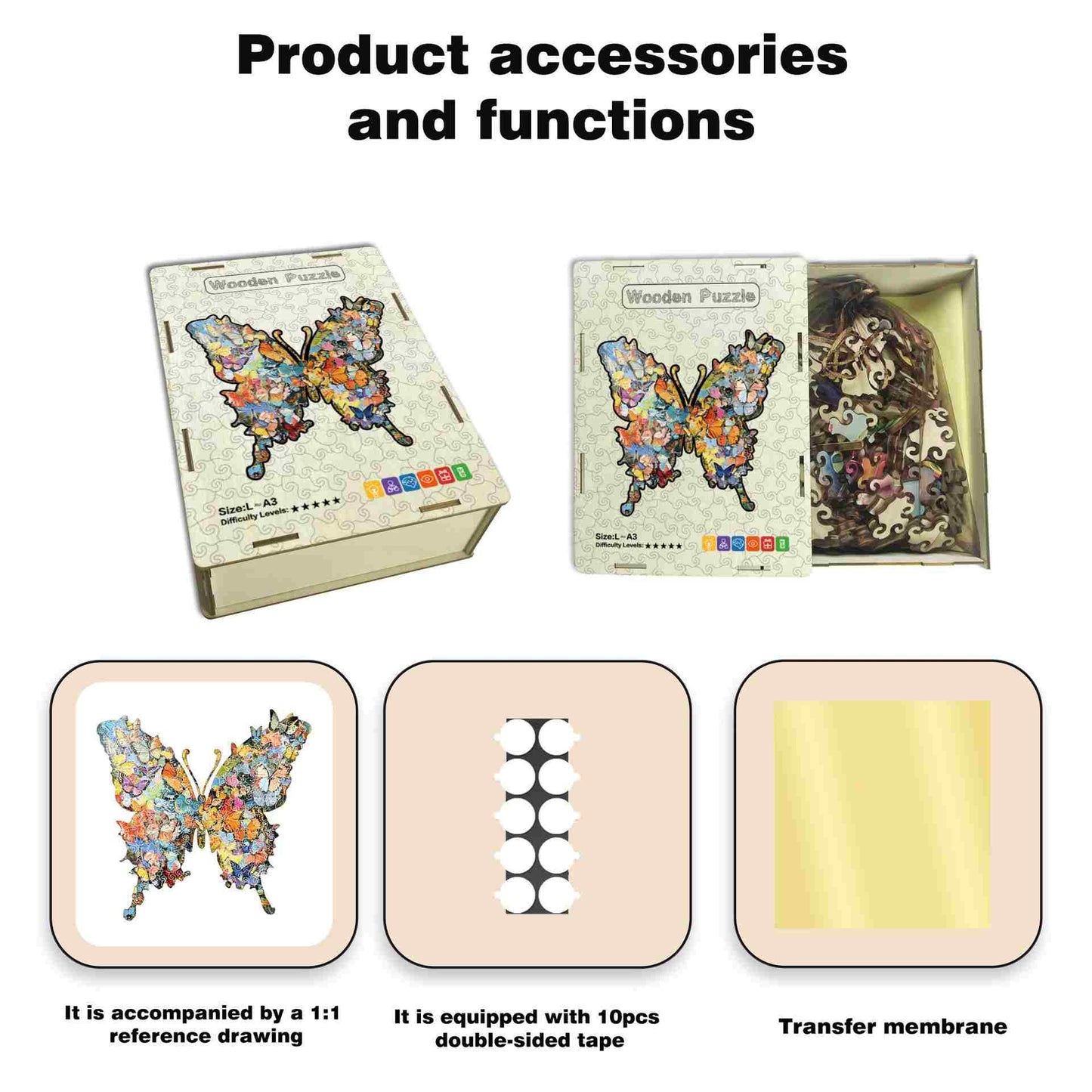Wooden puzzle packaging with butterfly design, reference drawing, double-sided tape, and transfer membrane on a white background.