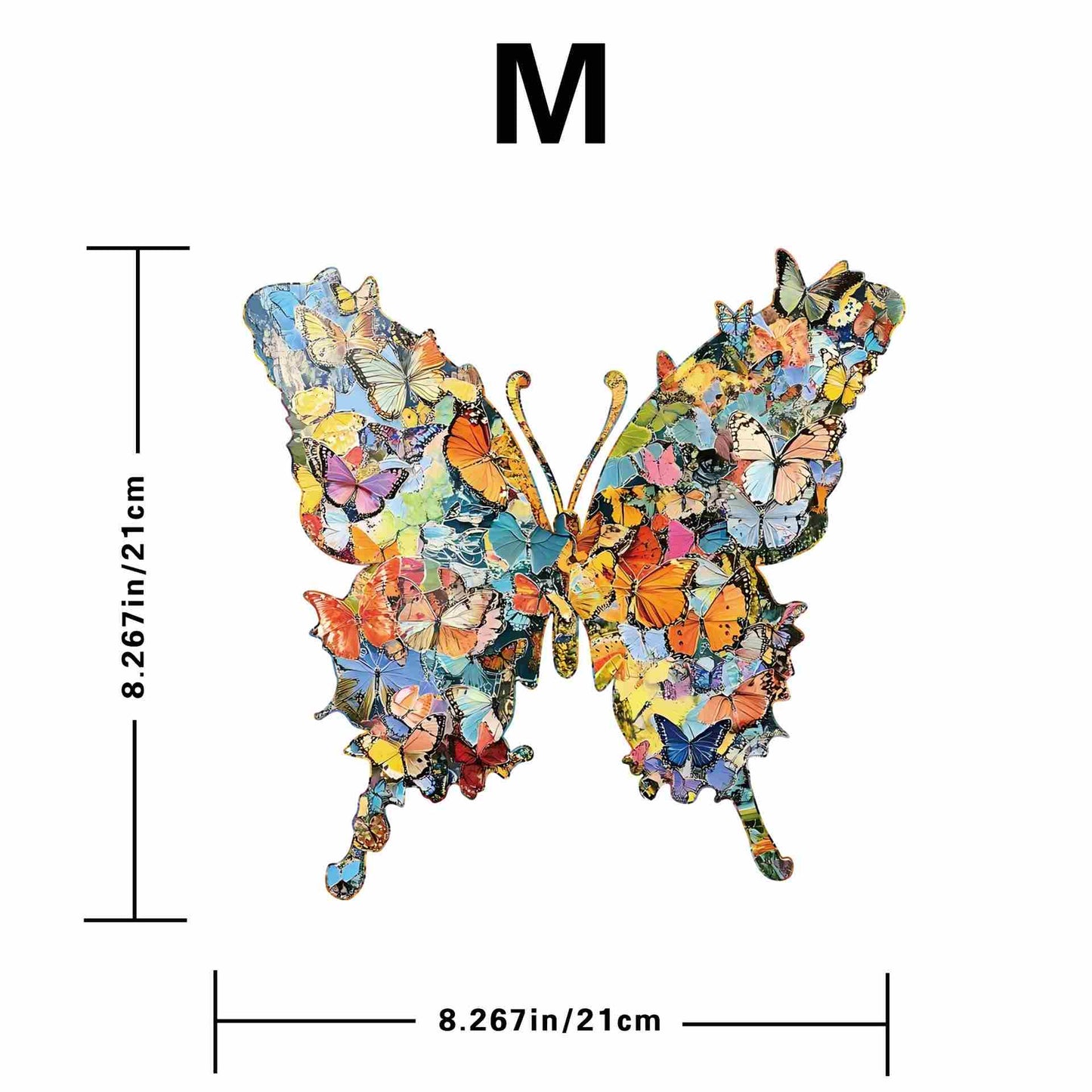 Colorful butterfly-shaped wooden jigsaw puzzle with measurements on a white background