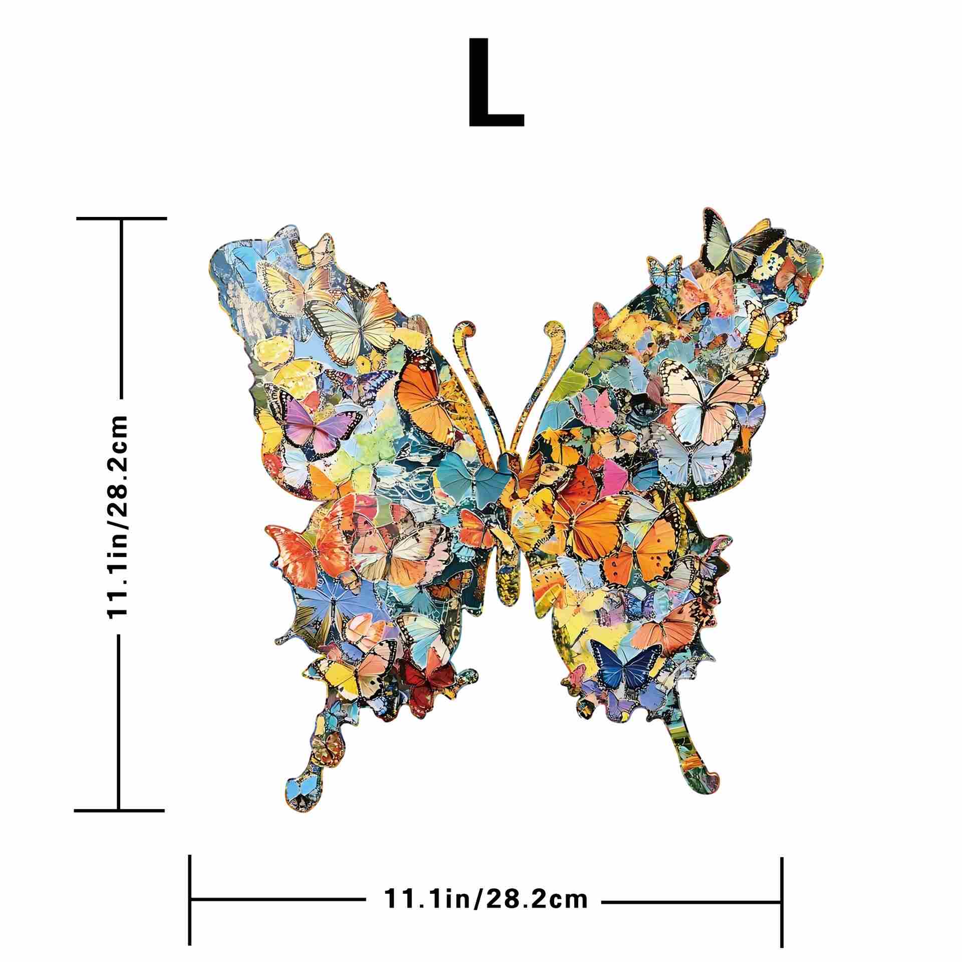 Colorful butterfly-shaped wooden jigsaw puzzle with measurements on a white background