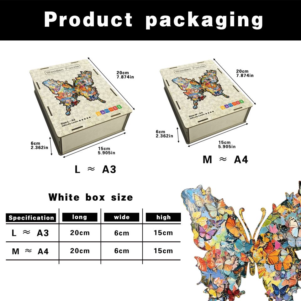 Product packaging with butterfly design and size specifications