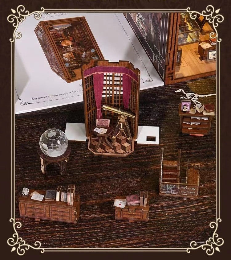 Beyond Library DIY Book Nook Kit, A charming miniature 3d wooden puzzles inspired by private library, perfect for bookshelf decor, and dollhouse collectors, or a gift for a fellow art and literature lovers. scene 4 