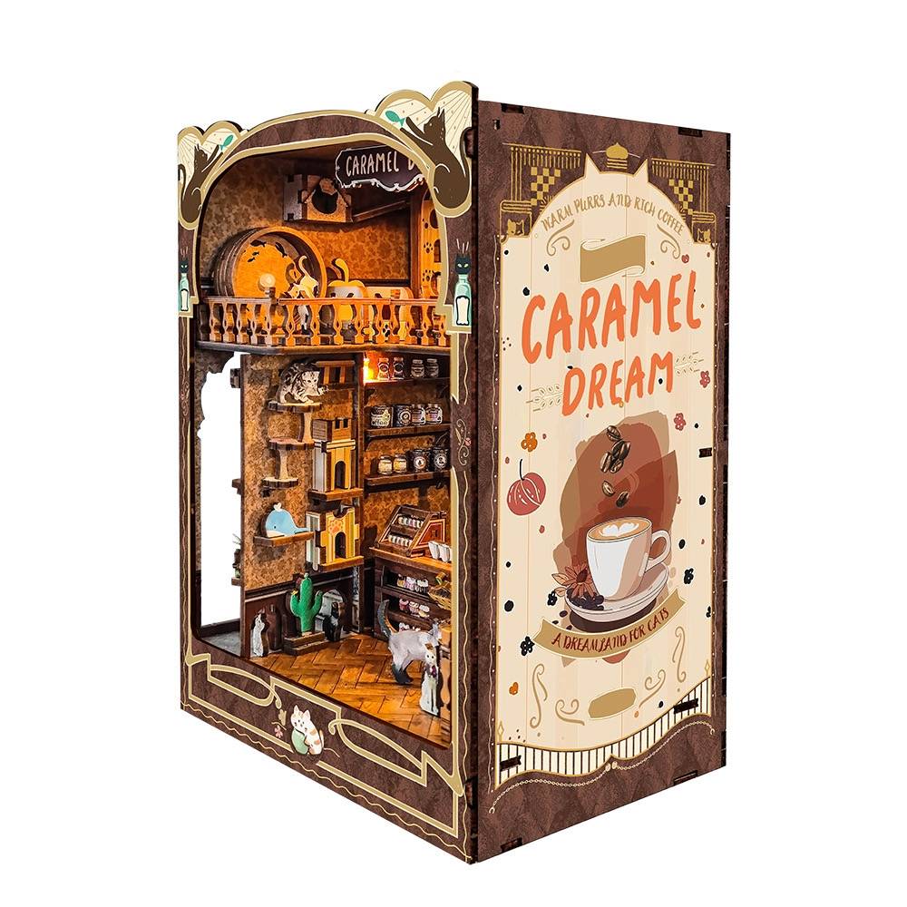 image displaying right side view of the Caramel Dreams Cat Cafe DIY Book Nook Kit