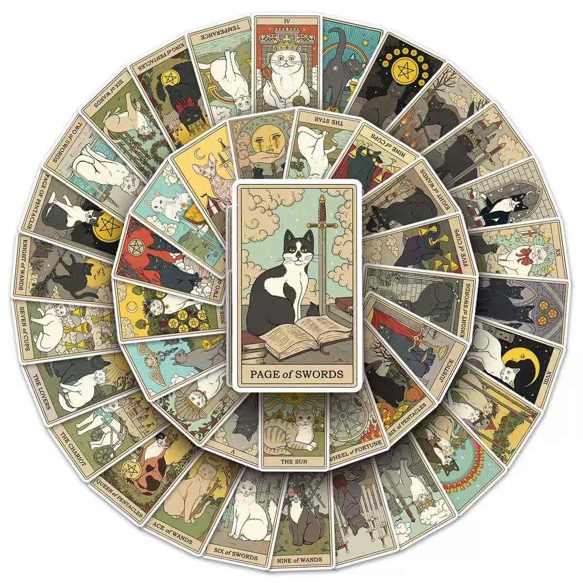 Circular arrangement of tarot cards stickers with a central 'Page of Swords' card.