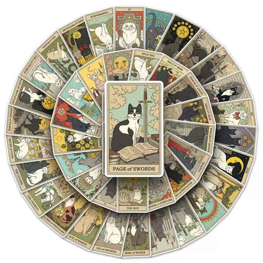 Circular arrangement of tarot cards stickers with a central 'Page of Swords' card.