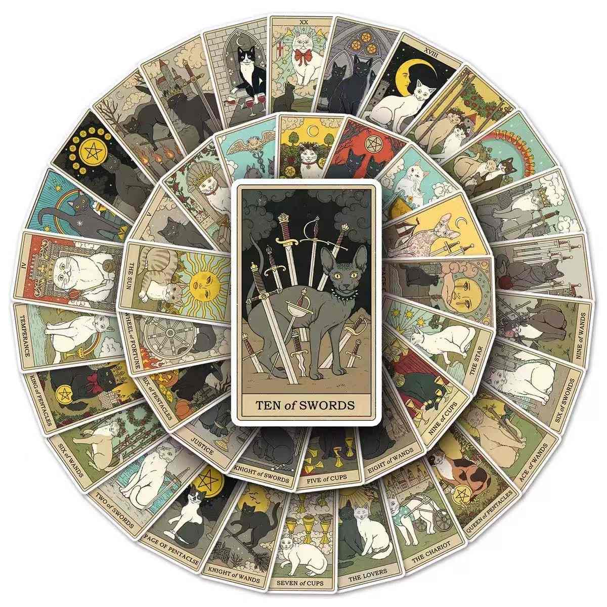 Circular arrangement of tarot themed stickers with the 'Ten of Swords' card in the center.