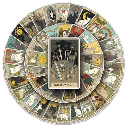 Circular arrangement of tarot themed stickers with the 'Ten of Swords' card in the center.