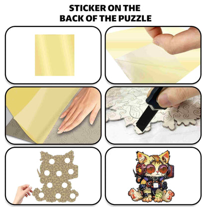 Step-by-step guide on applying a sticker to the back of a puzzle with a cat-themed piece.