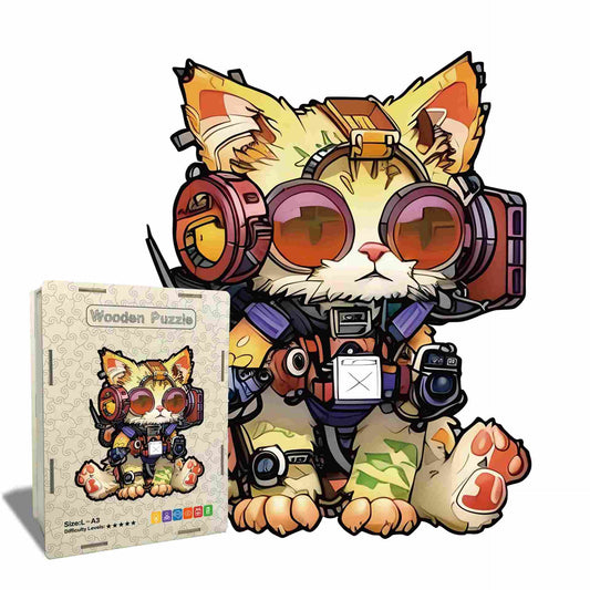 Wooden puzzle with a cat character wearing goggles and a camera, next to its packaging.