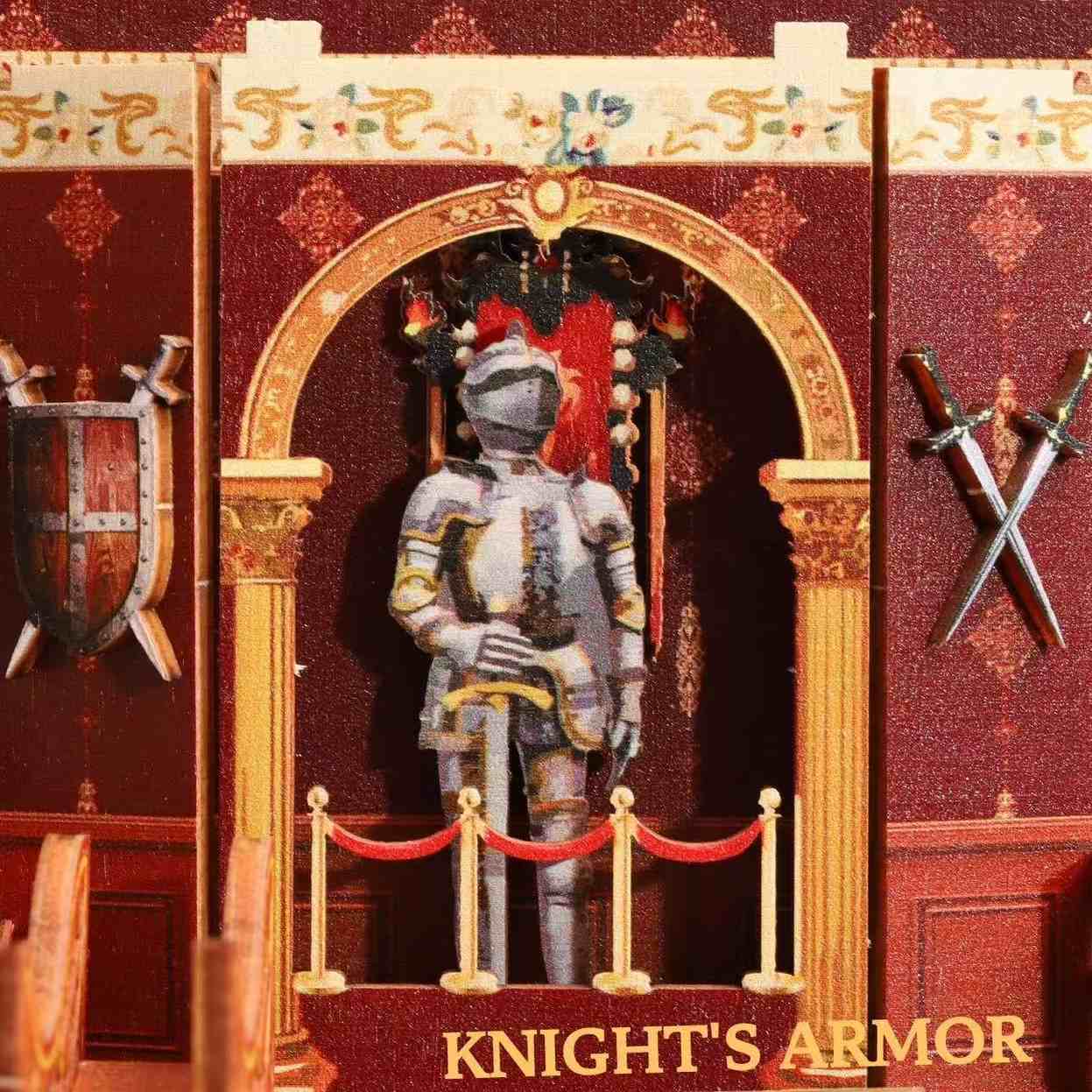 a knight's armor with swords and shields in a museum-themed miniature house