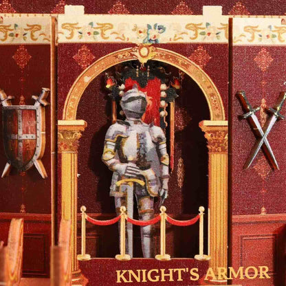 a knight's armor with swords and shields in a museum-themed miniature house