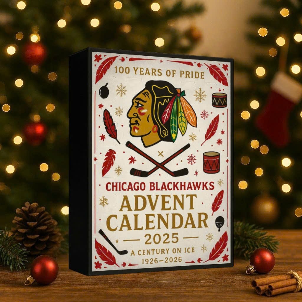 Chicago Blackhawks Advent Calendar with Christmas decorations in the background