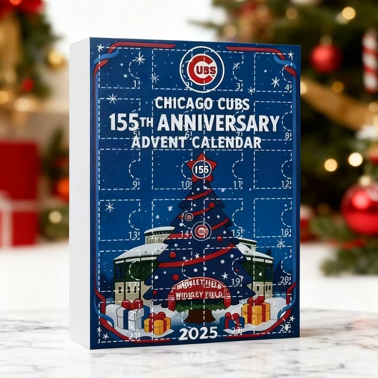 Chicago Cubs 155th Anniversary Advent Calendar with Christmas tree and presents design.