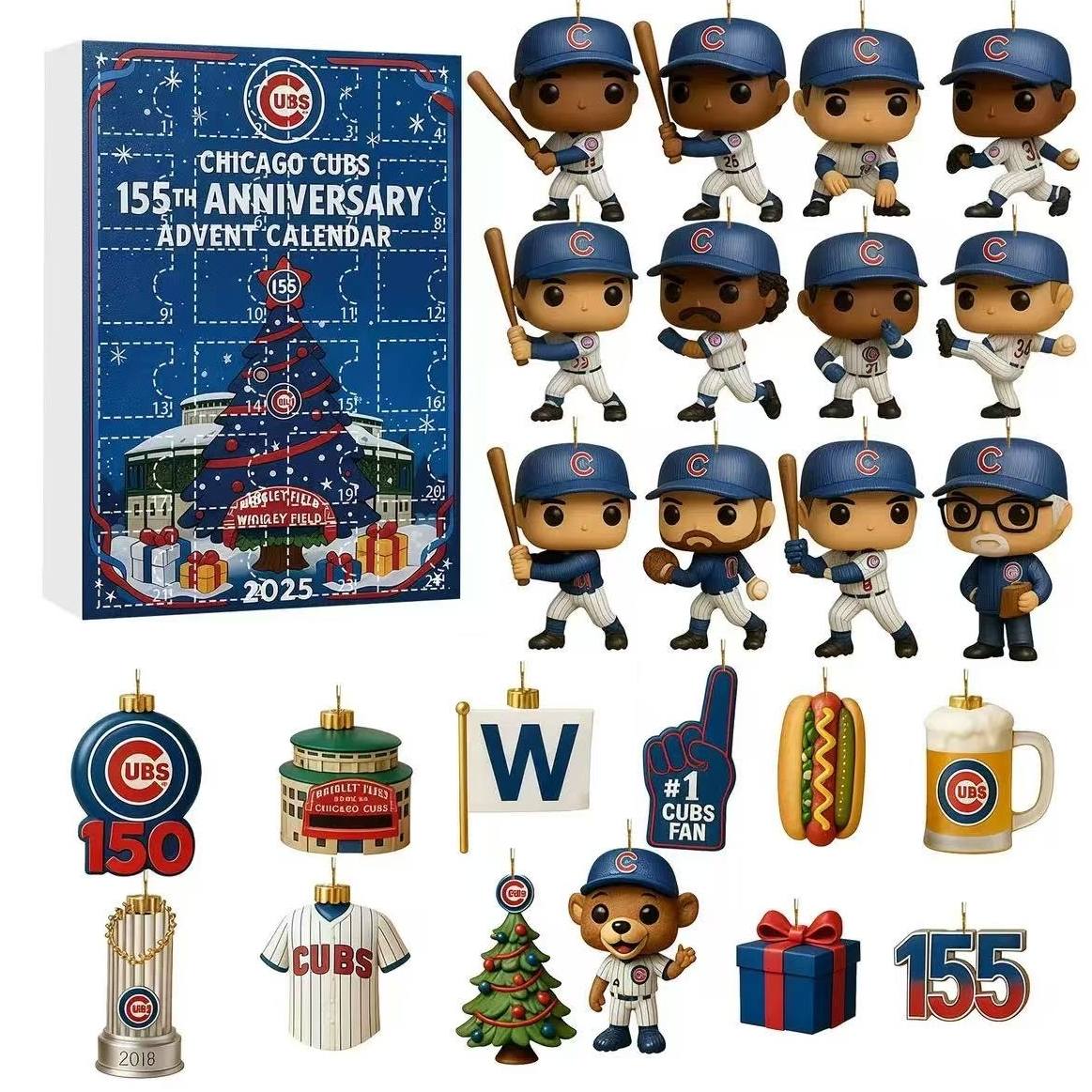 Chicago Cubs advent calendar with figurines and ornaments on a white background