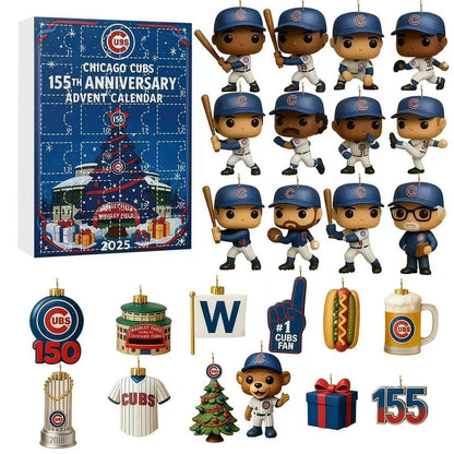 Chicago Cubs advent calendar with figurines and ornaments on a white background