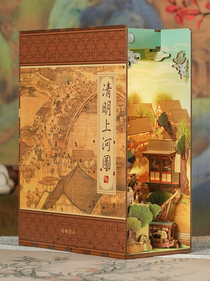 Cityscape of Song Dynasty DIY Book Nook Kit, A charming miniature 3d wooden puzzles the relives old Chinese, perfect for crafting enthusiasts, dollhouse collectors and Chinese culture lovers alike. Ideal for bookshelf decor of gifting. left side view