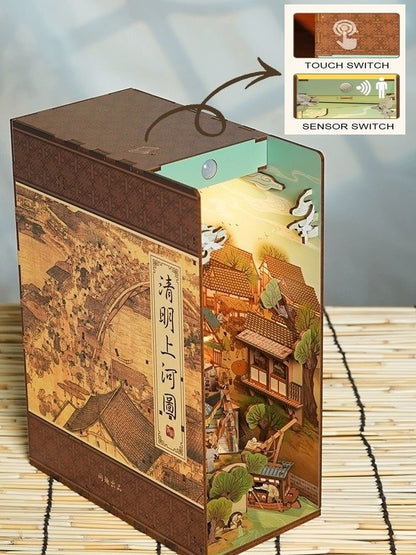 Cityscape of Song Dynasty DIY Book Nook Kit, A charming miniature 3d wooden puzzles the relives old Chinese, perfect for crafting enthusiasts, dollhouse collectors and Chinese culture lovers alike. Ideal for bookshelf decor of gifting. touch switch