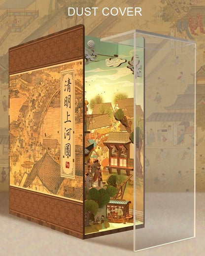 Cityscape of Song Dynasty DIY Book Nook Kit, A charming miniature 3d wooden puzzles the relives old Chinese, perfect for crafting enthusiasts, dollhouse collectors and Chinese culture lovers alike. Ideal for bookshelf decor of gifting. dust cover