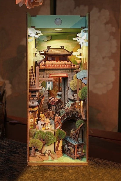 Cityscape of Song Dynasty DIY Book Nook Kit, A charming miniature 3d wooden puzzles the relives old Chinese, perfect for crafting enthusiasts, dollhouse collectors and Chinese culture lovers alike. Ideal for bookshelf decor of gifting. lighting