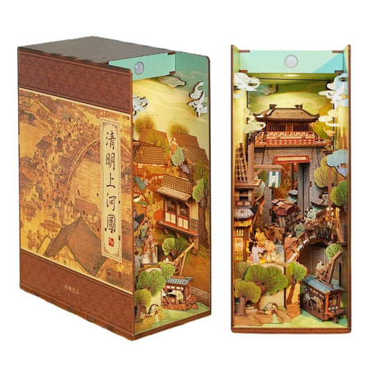Cityscape of Song Dynasty DIY Book Nook Kit, A charming miniature 3d wooden puzzles the relives old Chinese, perfect for crafting enthusiasts, dollhouse collectors and Chinese culture lovers alike. Ideal for bookshelf decor of gifting. Scene