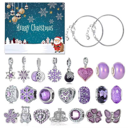 image displaying spread out of DIY Christmas Countdown Advent Calendar Charm Set Kit, including bracelets, charms of purple colors