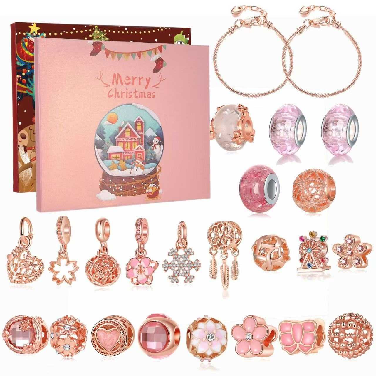 spread out of the pink gold color DIY Christmas Advent Calendar Charm Bracelet Set, and the package box