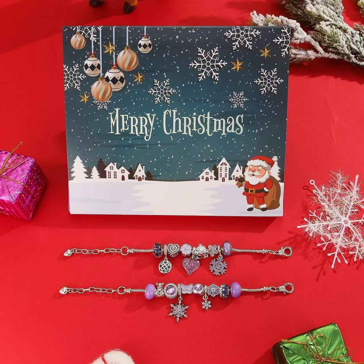 image displaying the two assembled bracelets of DIY Christmas Countdown Advent Calendar Charm Set Kit on table