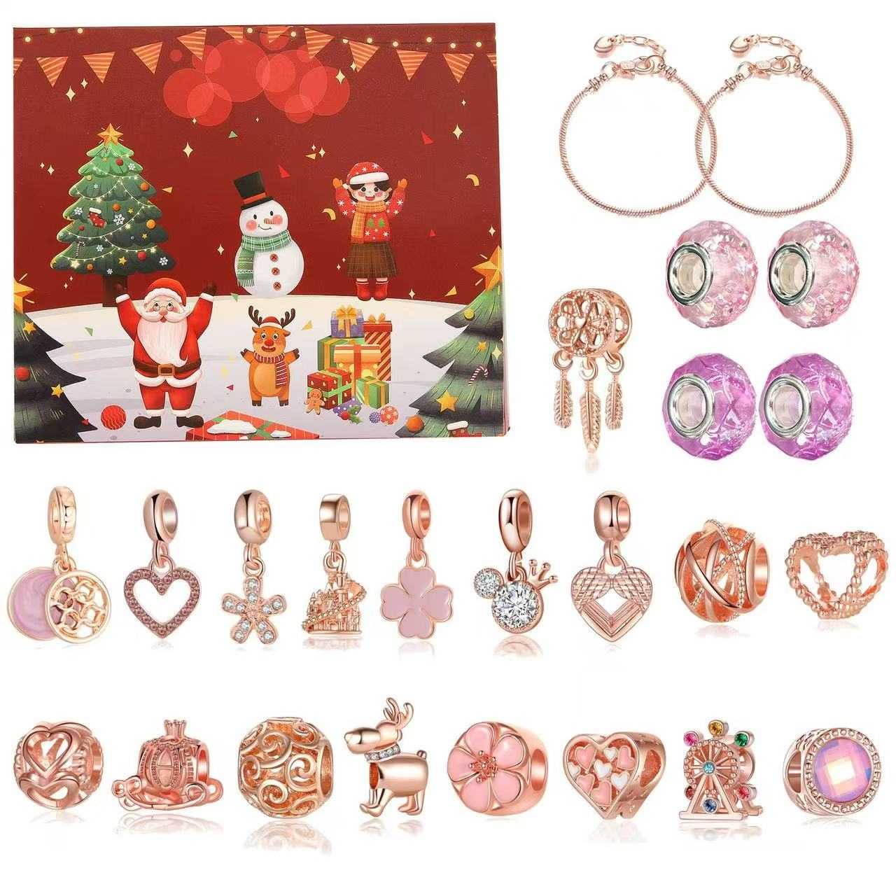 image displaying spread out of the Dream Catcher Advent Calendar DIY Charm Bracelet Set DIY Kit of pink gold color