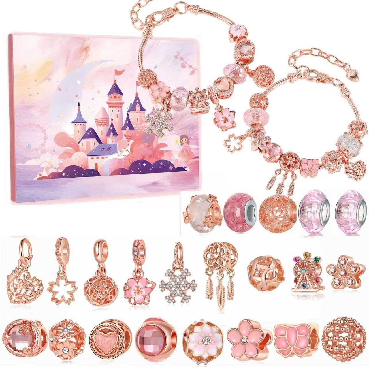 spread out of the pink gold color DIY Christmas Advent Calendar Charm Bracelet Set with castle package box