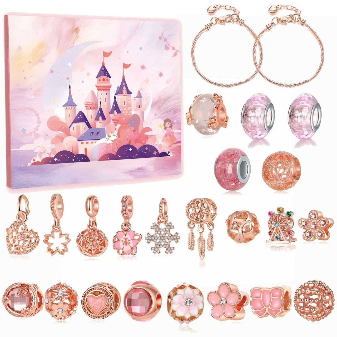 spread out of the pink gold color DIY Christmas Advent Calendar Charm Bracelet Set with castle package box